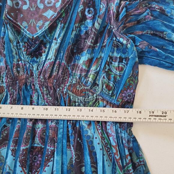 Y2K Fairy Grunge Shirt Womens 2XL Blue Paisley Velvet V Neck Tunic Stretch - Picture 5 of 10